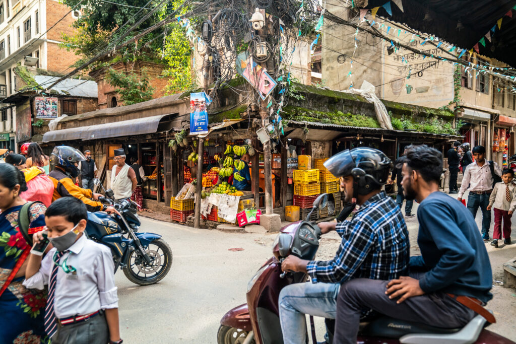 A busy street corner in Kathmandu, Nepal near Durbar Square.