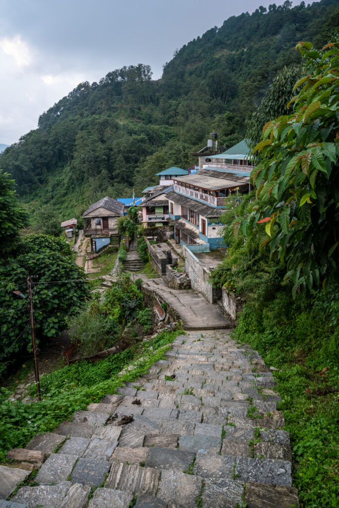 A view of steps heading down to the village of Ghandruk, Nepal.