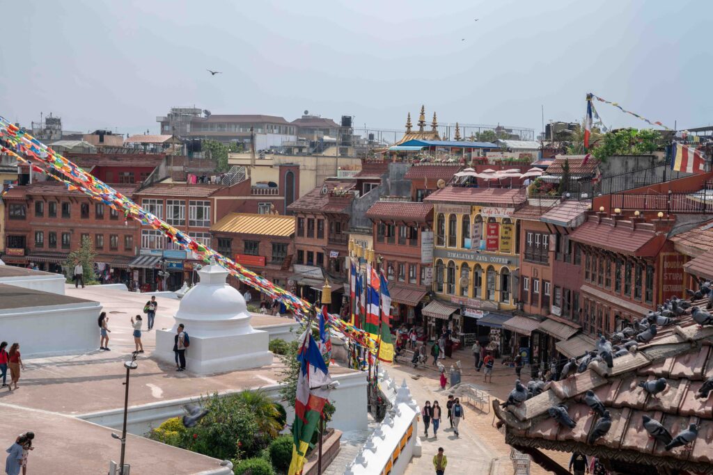 An aerial view of the shops surrounding Boudhanath in Kathmandu.