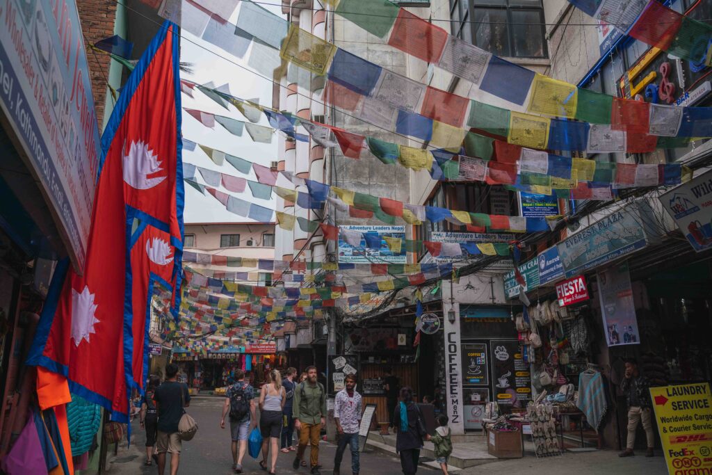 Thamel District with prayer flags above.