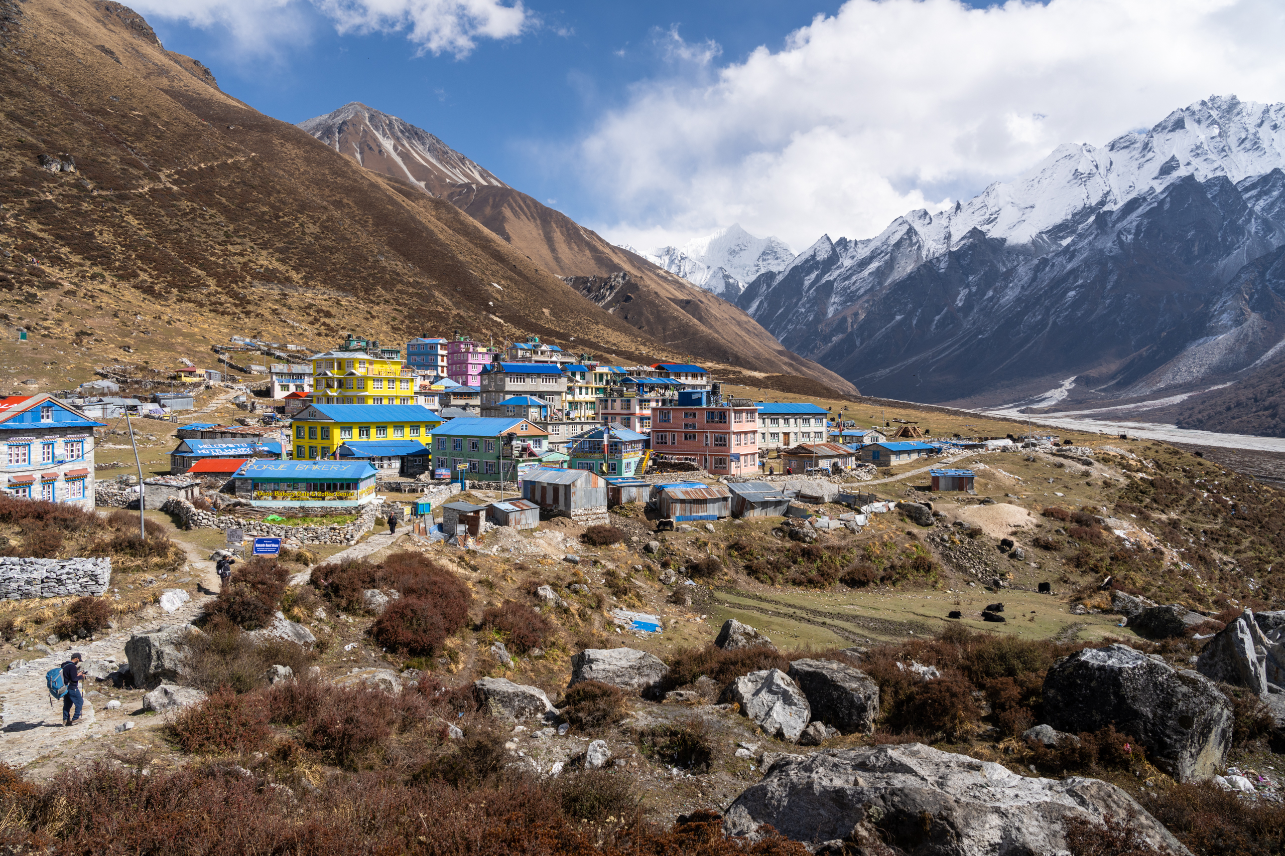 view of colorful kyangjin gompa as you coming over the final hill into the village in langtang valley, nepal